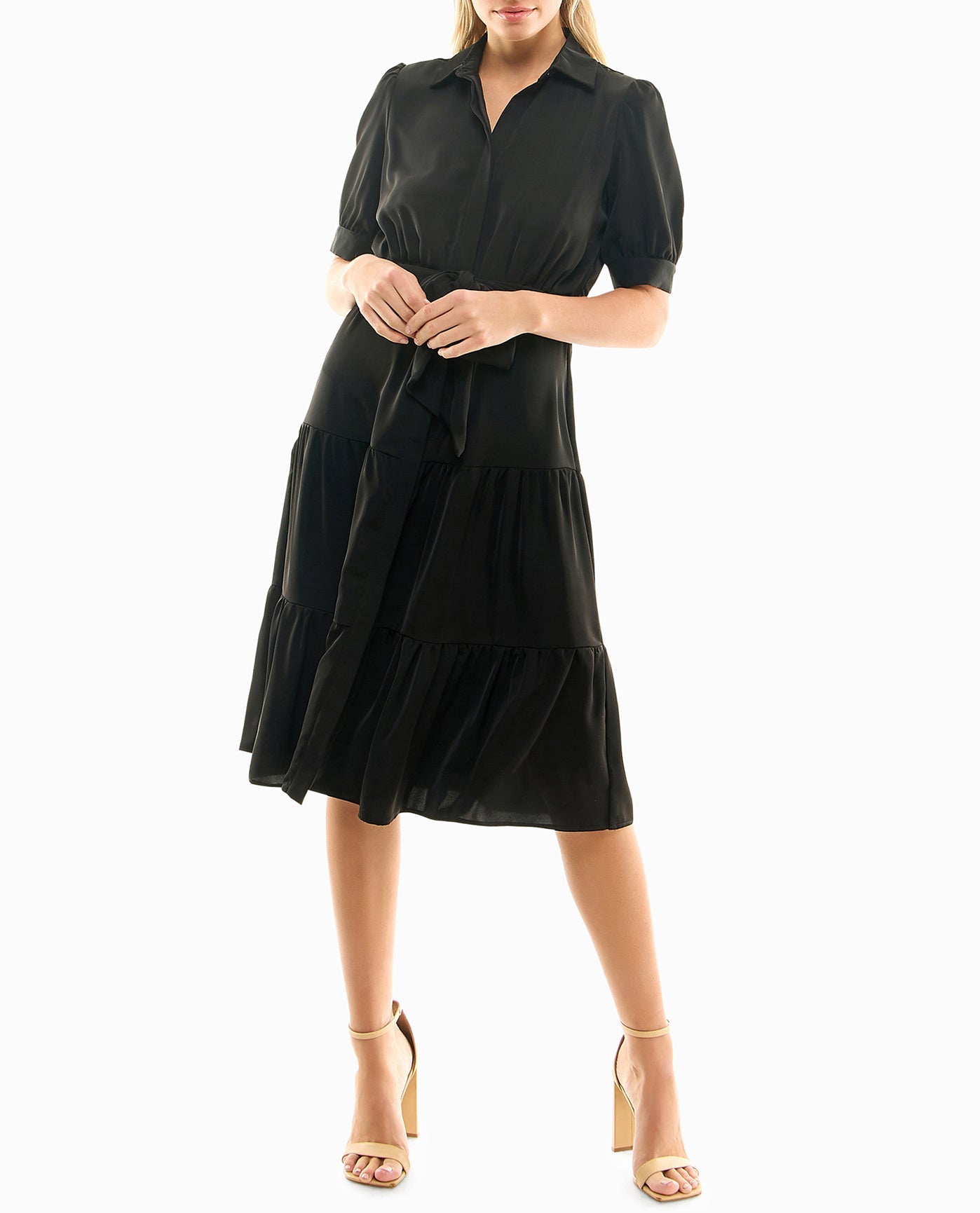 Front View Of Nicole Miller Katy Silk Midi Shirt Dress | NM VERY BLACK