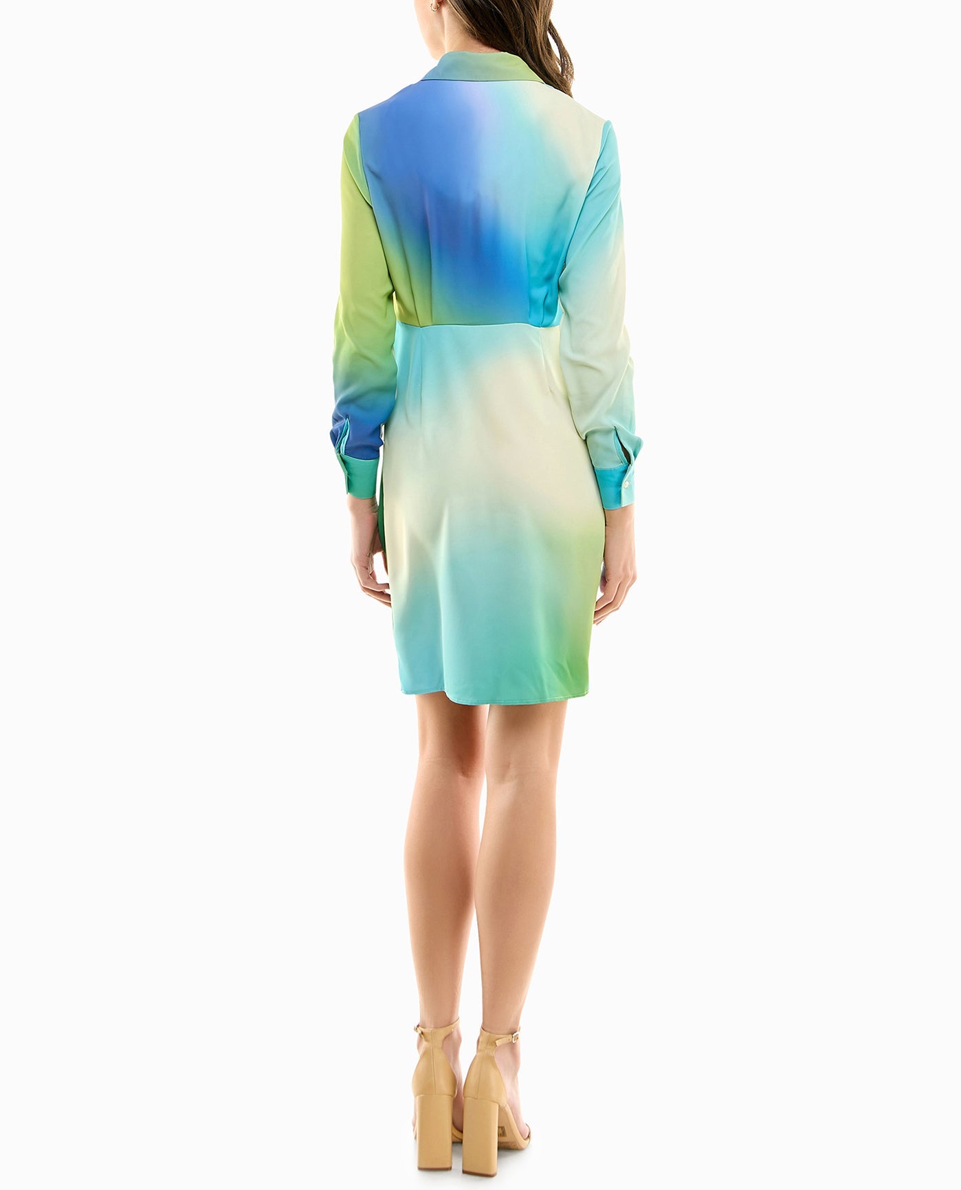 Back View Of Nicole Miller Audrey Silk Long Sleeve Shirt Dress | NM DAZZLING BLUE