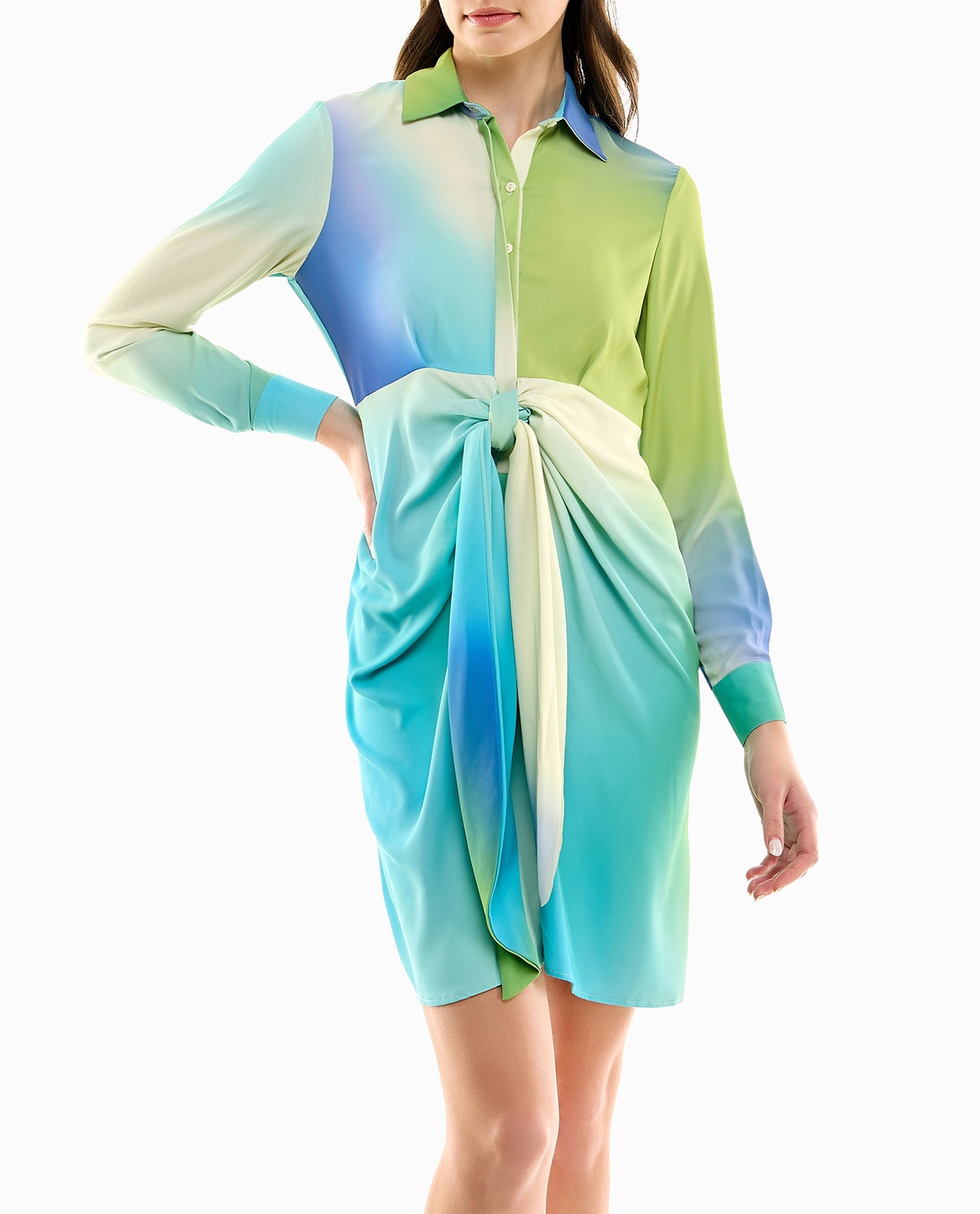 Front Detail View Of Nicole Miller Audrey Silk Long Sleeve Shirt Dress | NM DAZZLING BLUE