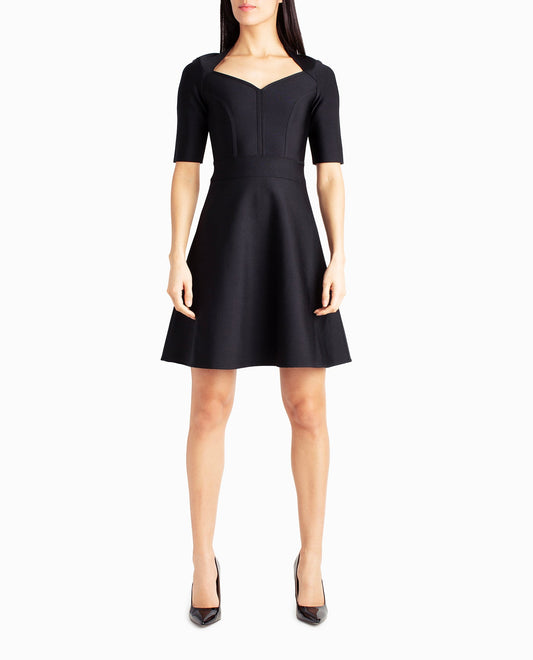 Front View Of Nicole Miller Alice Short Sleeve A-Line Dress | NM VERY BLACK