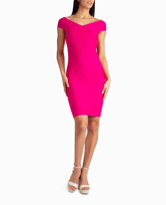 Front View Of Nicole Miller Alexandra Off-The-Shoulder Dress | NM PRECIOUS PINK