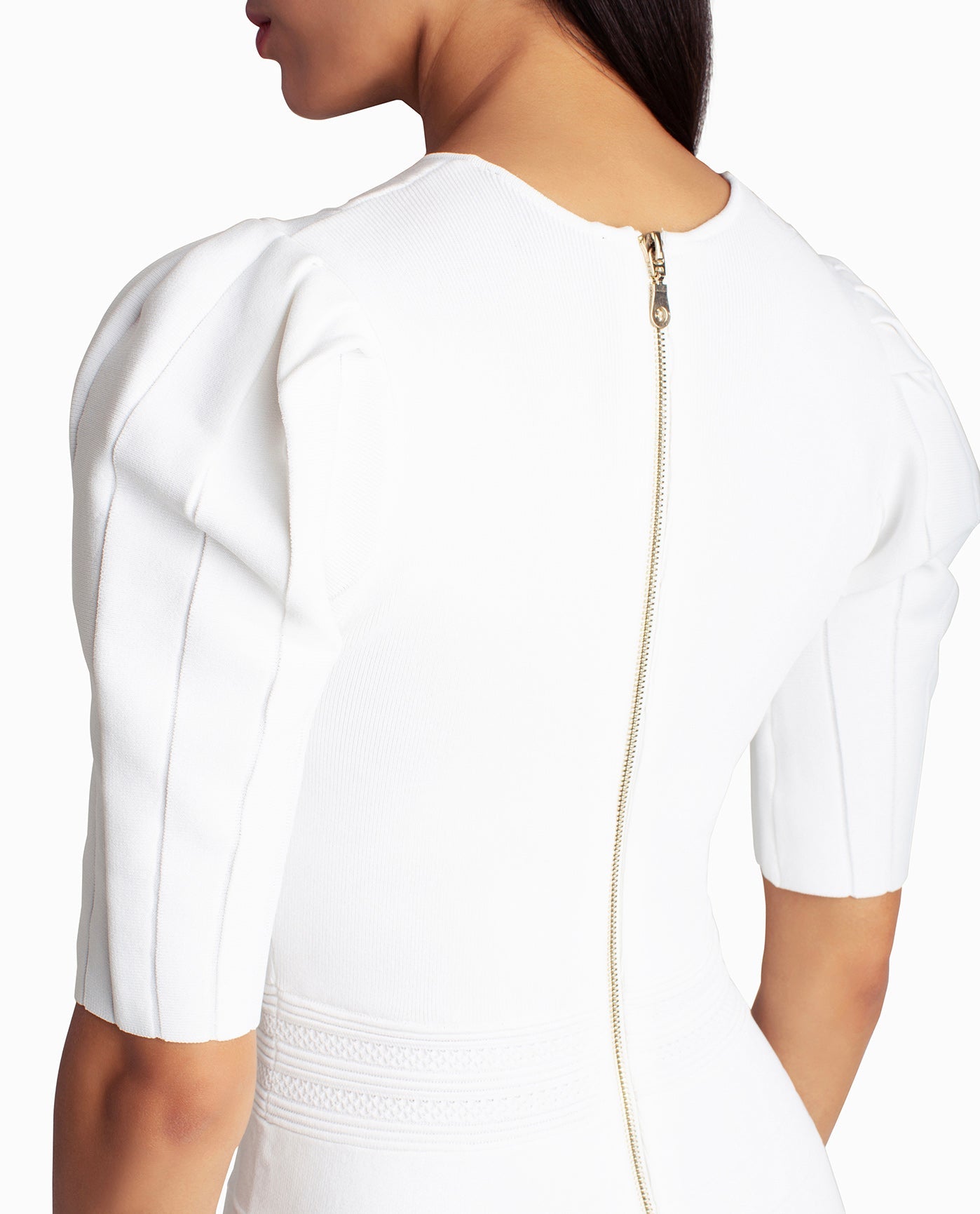 Front Detail View Of Nicole Miller Jessie Pleated Shoulder A-Line Dress | NM BRILLIANT WHITE