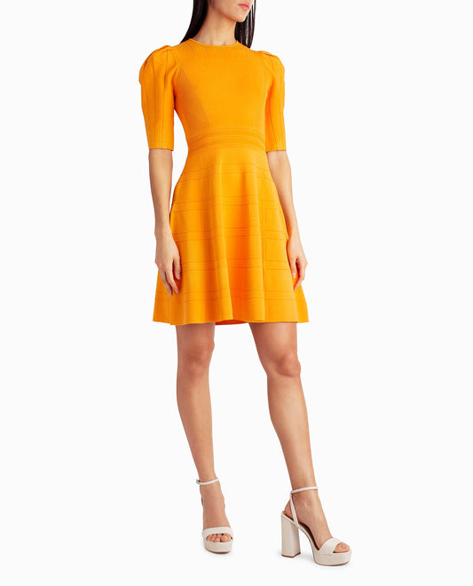 Side View View Of Nicole Miller Jessie Pleated Shoulder A-Line Dress | NM FLAME ORANGE