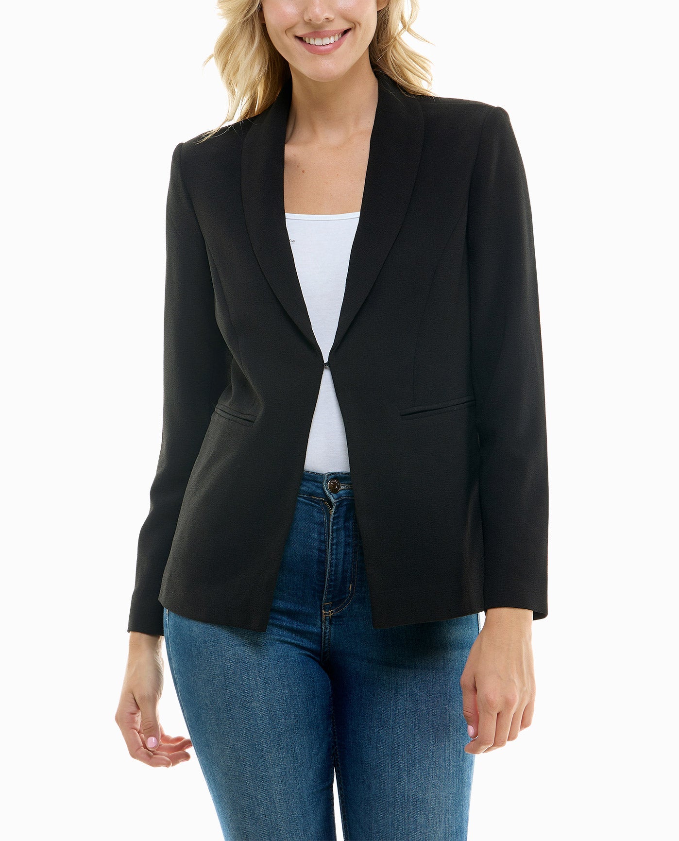 Front View Of Nicole Miller Isla Stretch Crepe One Button Blazer | NM VERY BLACK