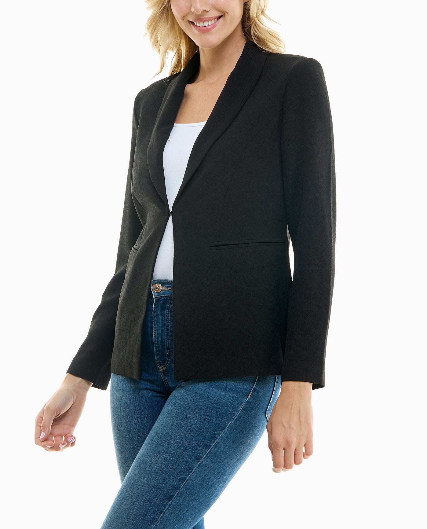 Side View View Of Nicole Miller Isla Stretch Crepe One Button Blazer | NM VERY BLACK