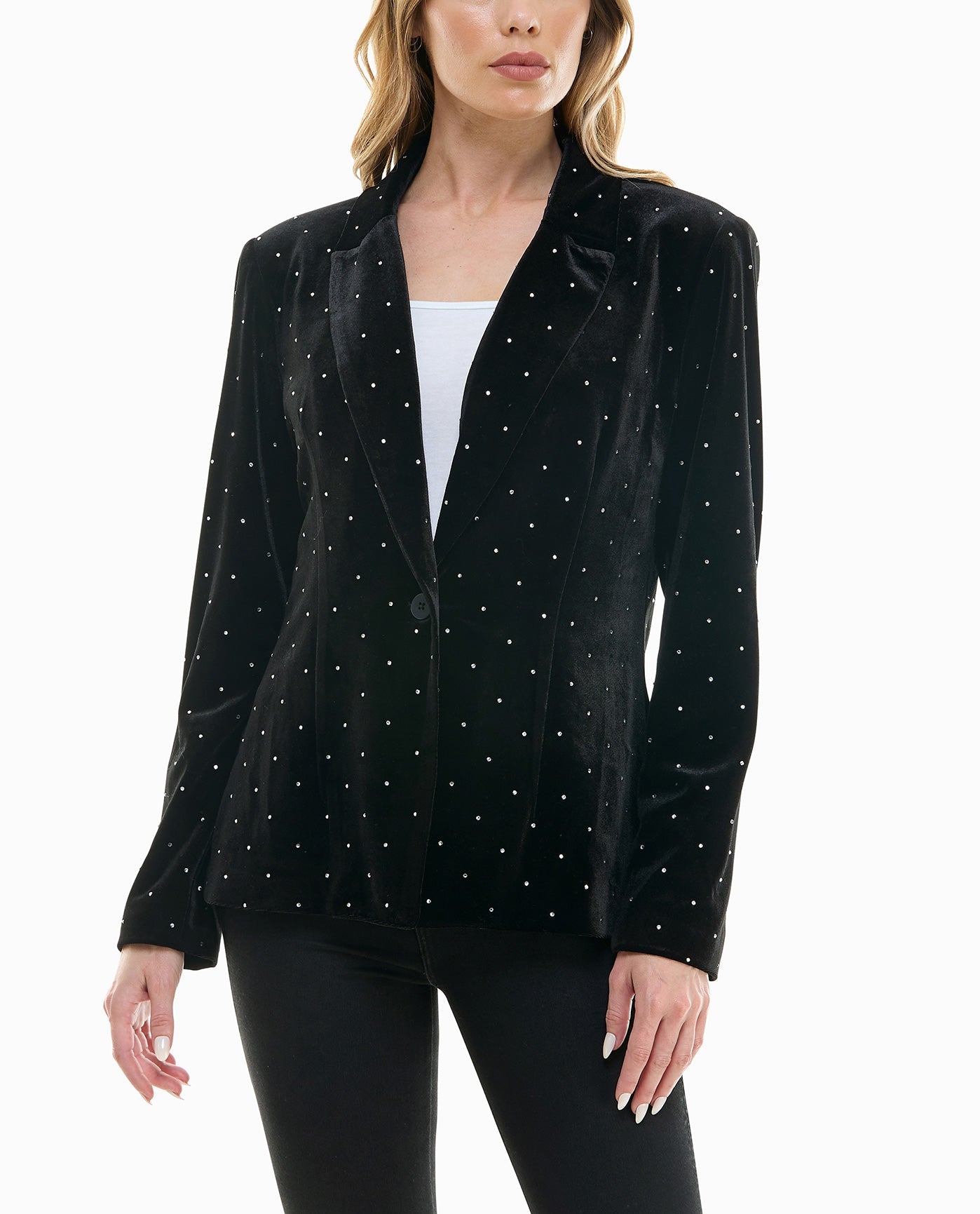 Front View Of Nicole Miller Estella Velvet Blazer | NM VERY BLACK AND SILVER