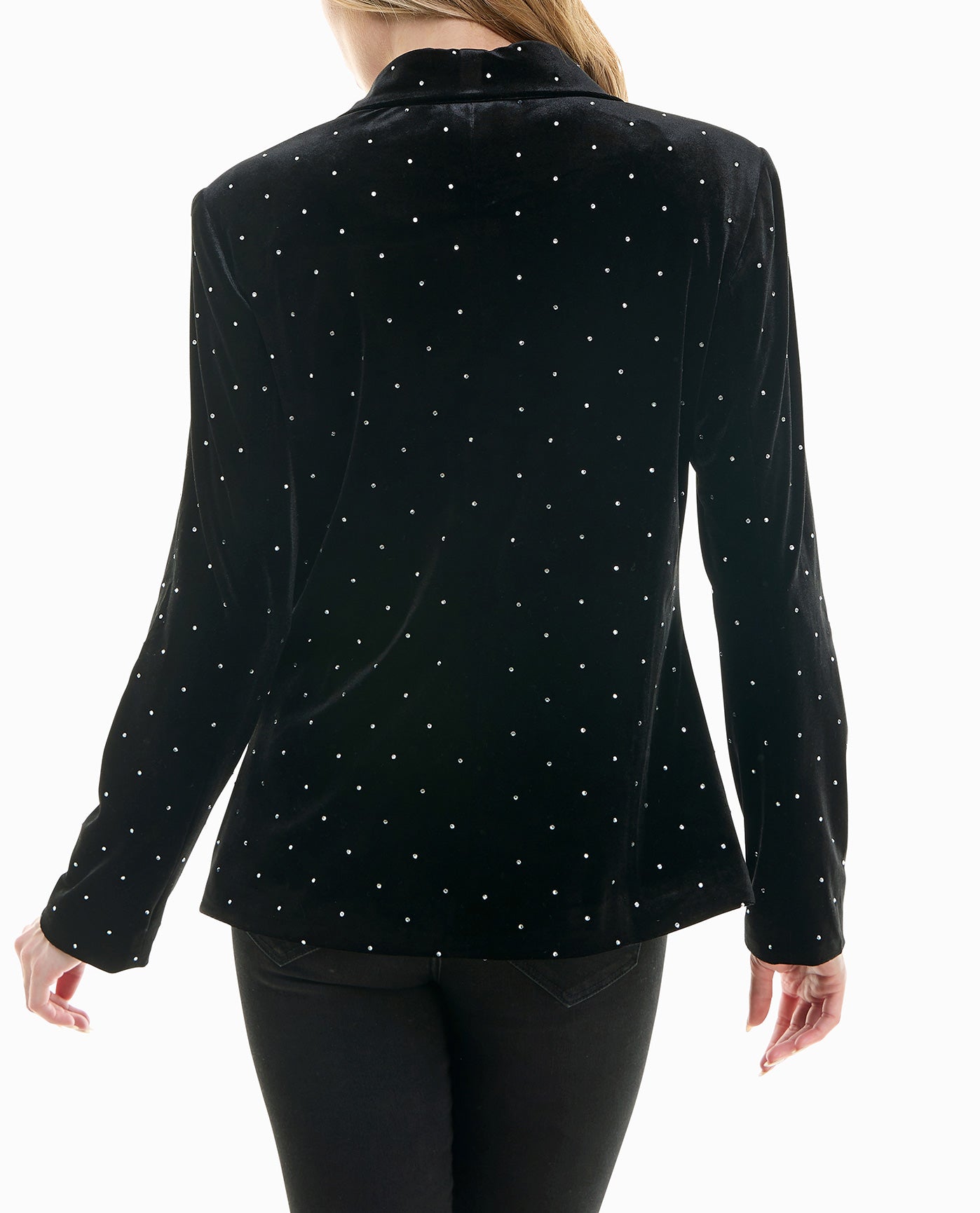 Back View Of Nicole Miller Estella Velvet Blazer | NM VERY BLACK AND SILVER