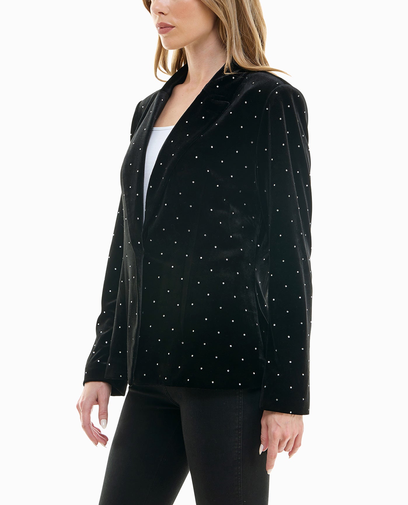 Side View View Of Nicole Miller Estella Velvet Blazer | NM VERY BLACK AND SILVER