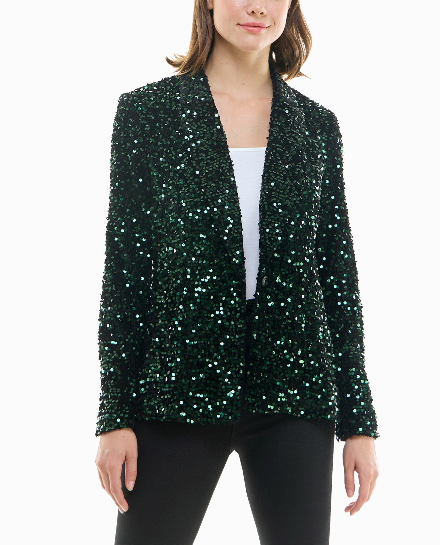 Front View Of Nicole Miller Dani Velvet Sequin Jacket | NM EMERALD