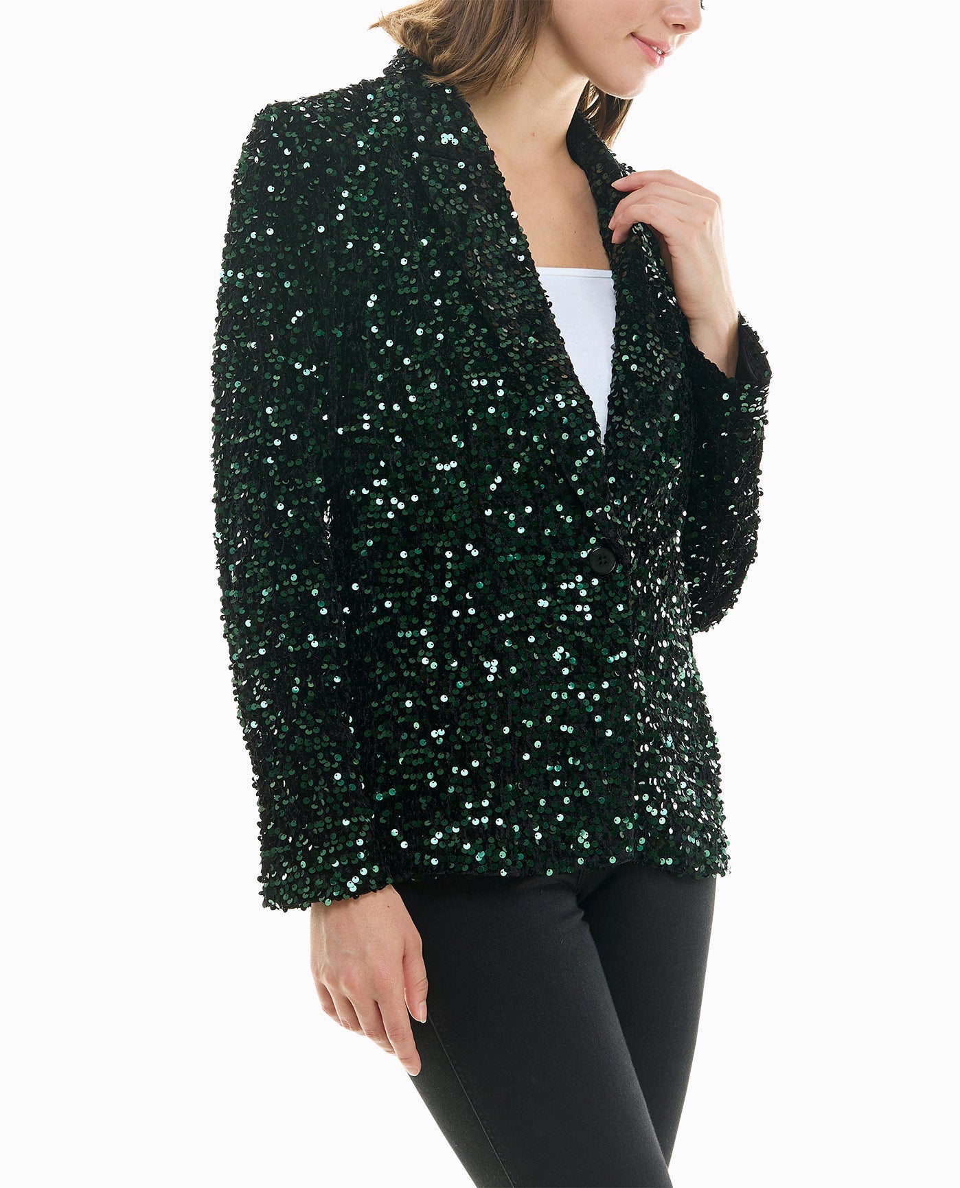 Side View View Of Nicole Miller Dani Velvet Sequin Jacket | NM EMERALD