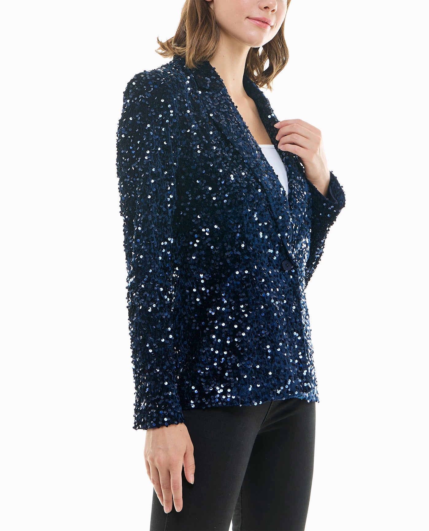 Side View View Of Nicole Miller Dani Velvet Sequin Jacket | NM NAVY