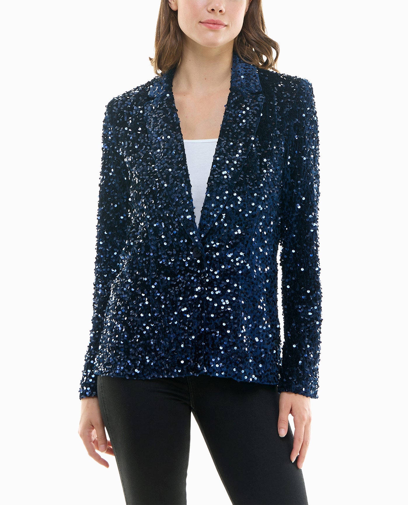 Front View Of Nicole Miller Dani Velvet Sequin Jacket | NM NAVY