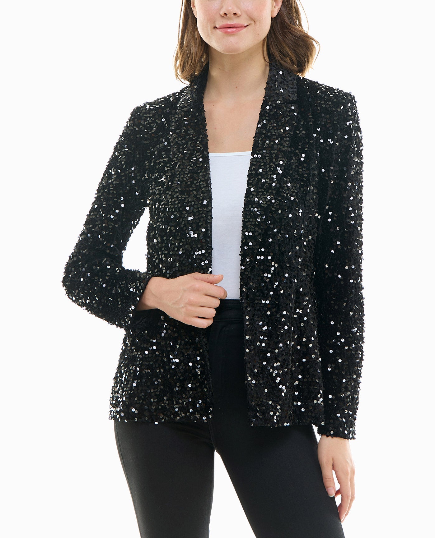 Front View Of Nicole Miller Dani Velvet Sequin Jacket | NM VERY BLACK