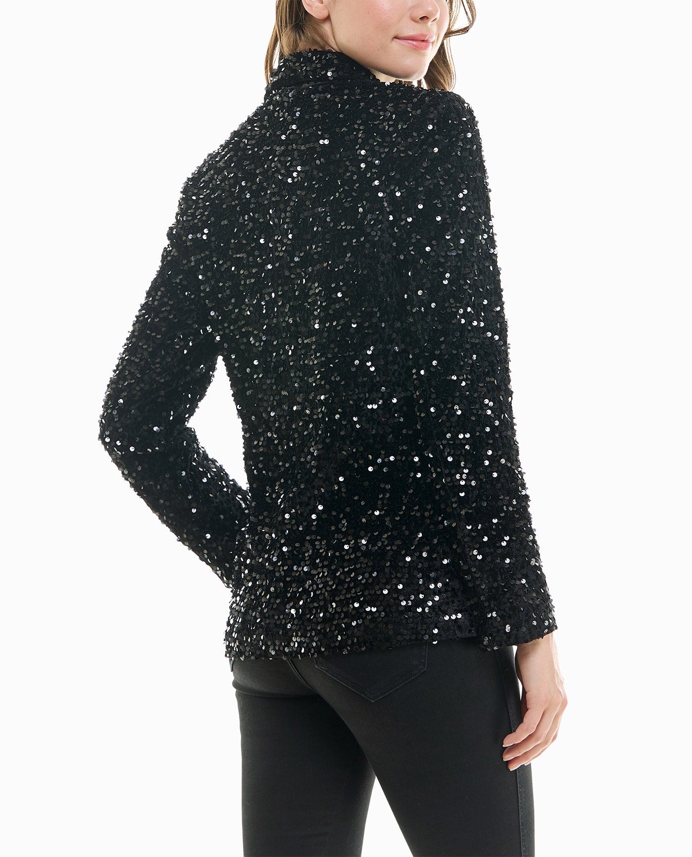 Back View Of Nicole Miller Dani Velvet Sequin Jacket | NM VERY BLACK