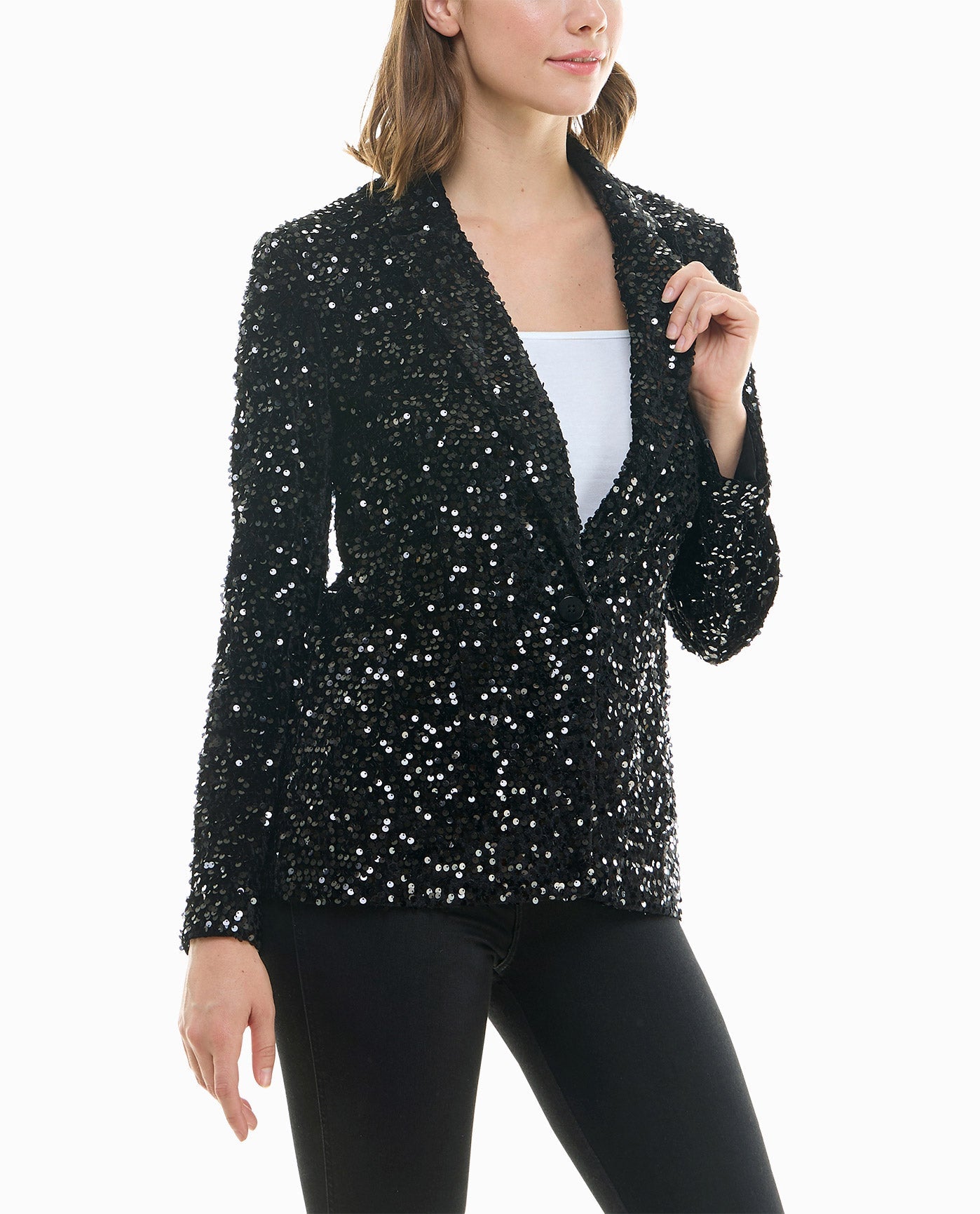 Side View View Of Nicole Miller Dani Velvet Sequin Jacket | NM VERY BLACK