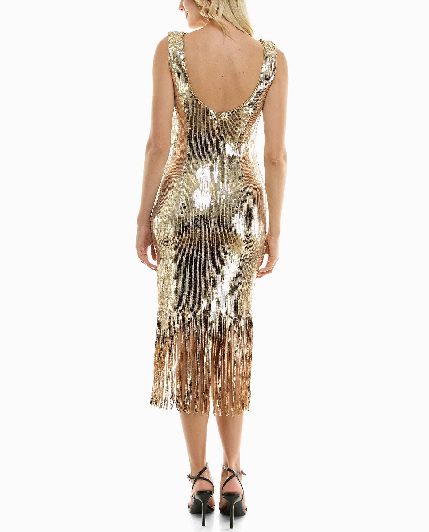 Back View Of Nicole Miller Scarlett Sequin Fringed Sheath Dress | NM CHAMPAGNE GOLD