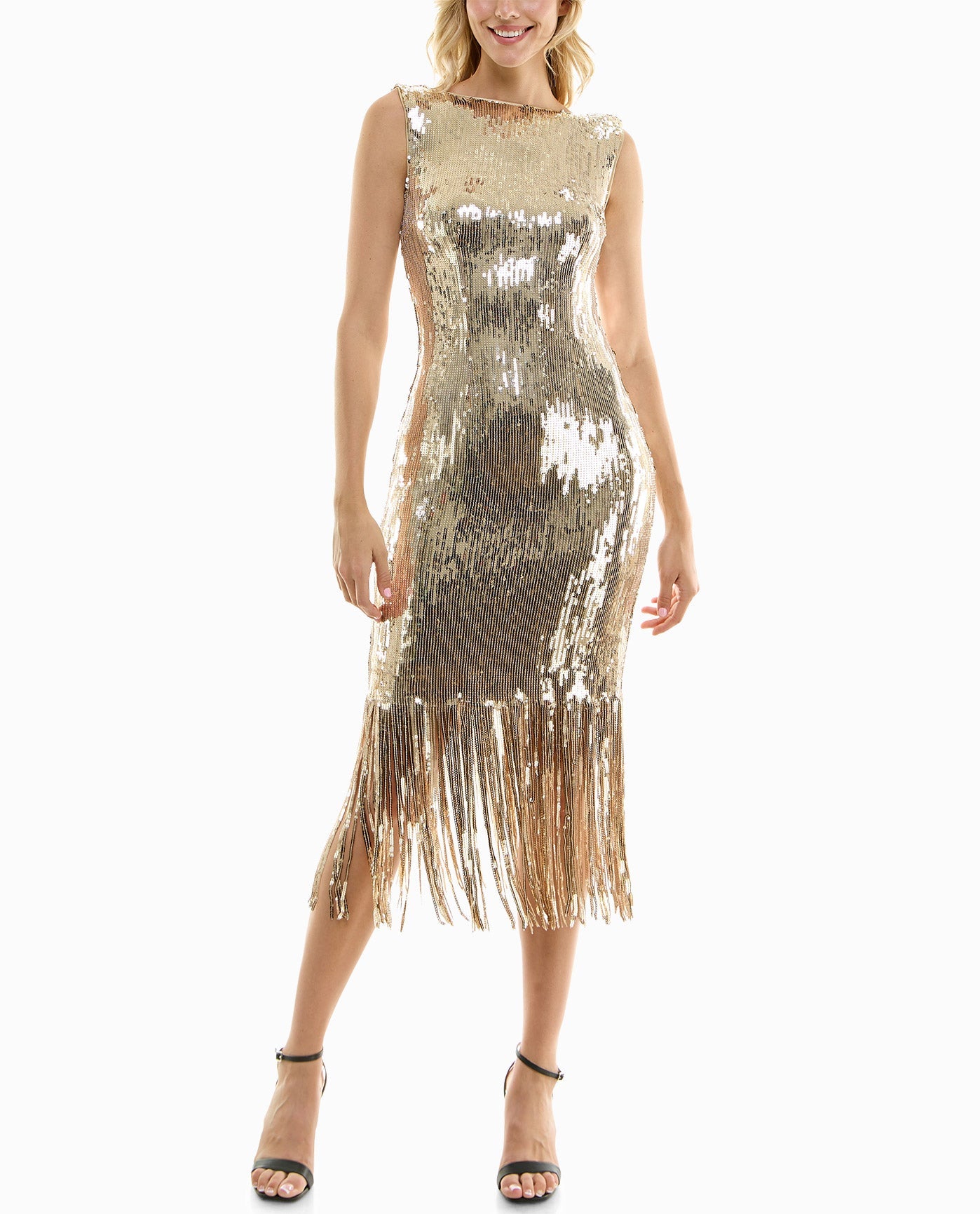 Front View Of Nicole Miller Scarlett Sequin Fringed Sheath Dress | NM CHAMPAGNE GOLD