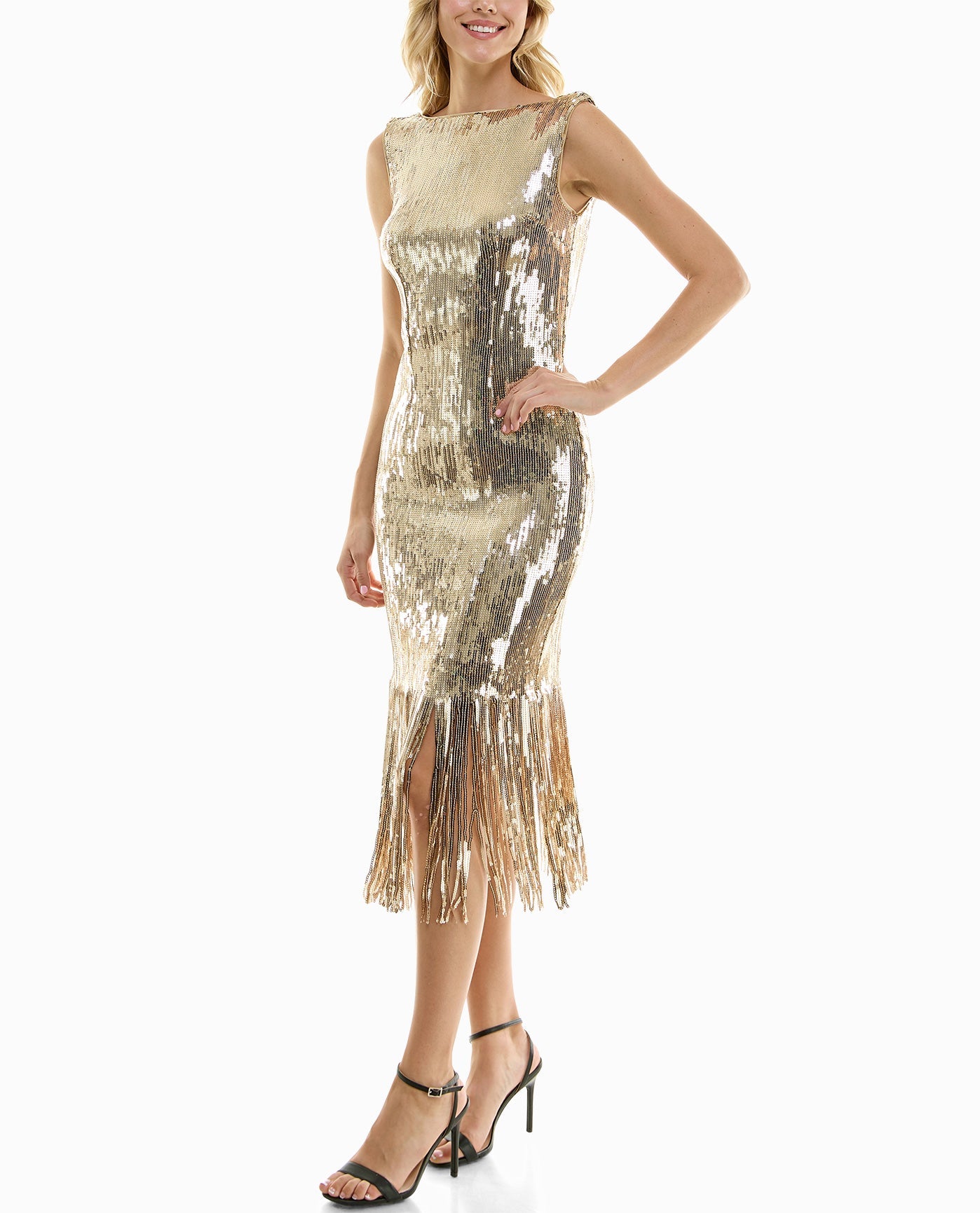 Side View View Of Nicole Miller Scarlett Sequin Fringed Sheath Dress | NM CHAMPAGNE GOLD