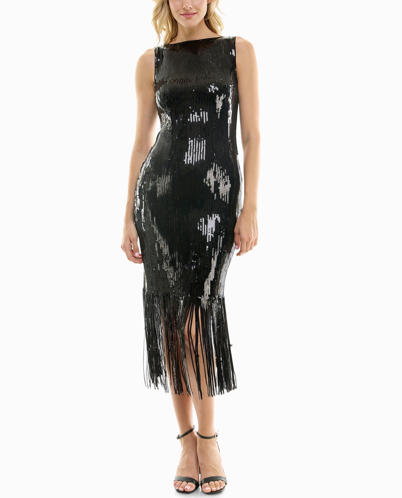 Front View Of Nicole Miller Scarlett Sequin Fringed Sheath Dress | NM VERY BLACK