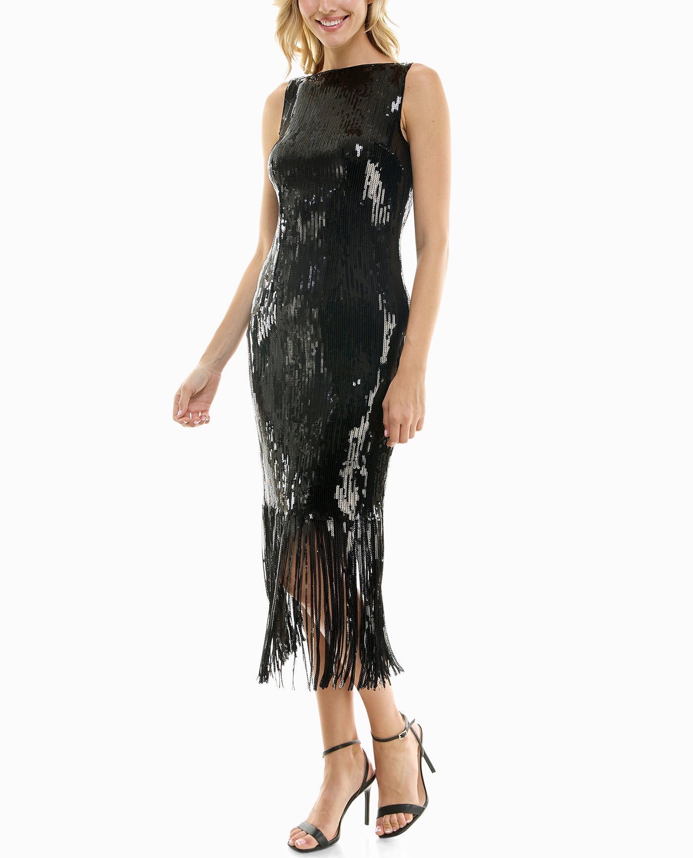 Side View View Of Nicole Miller Scarlett Sequin Fringed Sheath Dress | NM VERY BLACK