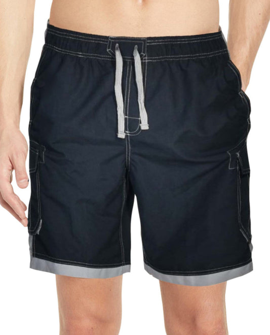 Front View of Us Apparel Islander Black And Grey Chlorine Resistant 10.5" Inseam Mesh Liner Men'S Swim Trunks With Pockets | USA BLACK AND GREY