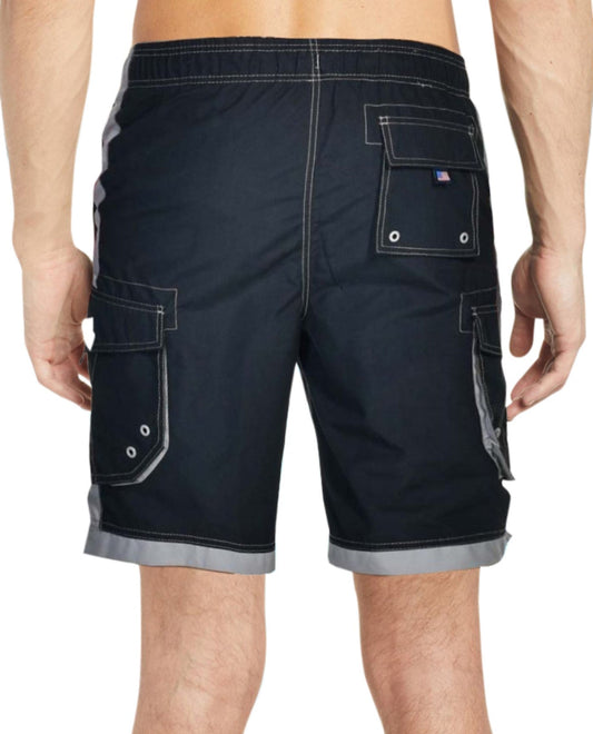 Back View of Us Apparel Islander Black And Grey Chlorine Resistant 10.5" Inseam Mesh Liner Men'S Swim Trunks With Pockets | USA BLACK AND GREY