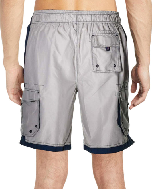 Back View of Us Apparel Islander Stone And Navy  Chlorine Resistant 10.5" Inseam Mesh Liner Men'S Swim Trunks With Pockets | USA STONE AND NAVY