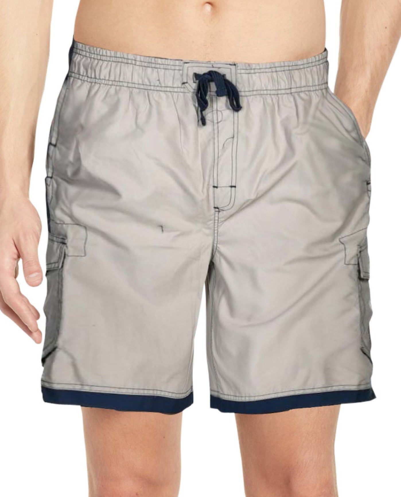 Front View of Us Apparel Islander Stone And Navy  Chlorine Resistant 10.5" Inseam Mesh Liner Men'S Swim Trunks With Pockets | USA STONE AND NAVY