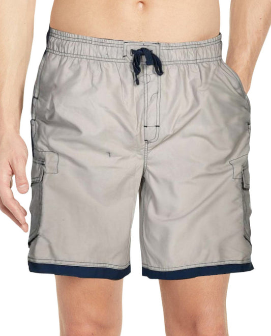 Front View of Us Apparel Islander Stone And Navy  Chlorine Resistant 10.5" Inseam Mesh Liner Men'S Swim Trunks With Pockets | USA STONE AND NAVY