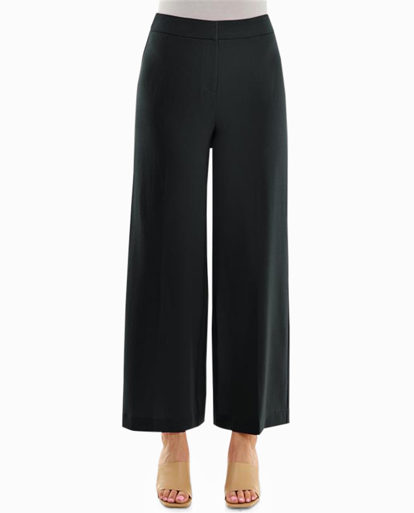 Front View Of Nicole Miller Claire Stretch Crepe Wide Leg Pants | NM VERY BLACK