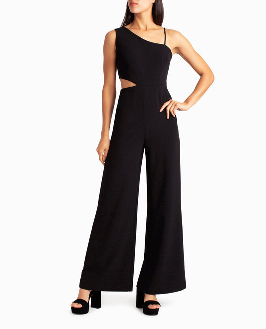 Front View Of Nicole Miller One Shoulder Montana Jumpsuit | NM VERY BLACK