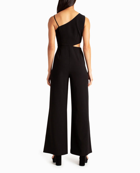 Back View Of Nicole Miller One Shoulder Montana Jumpsuit | NM VERY BLACK