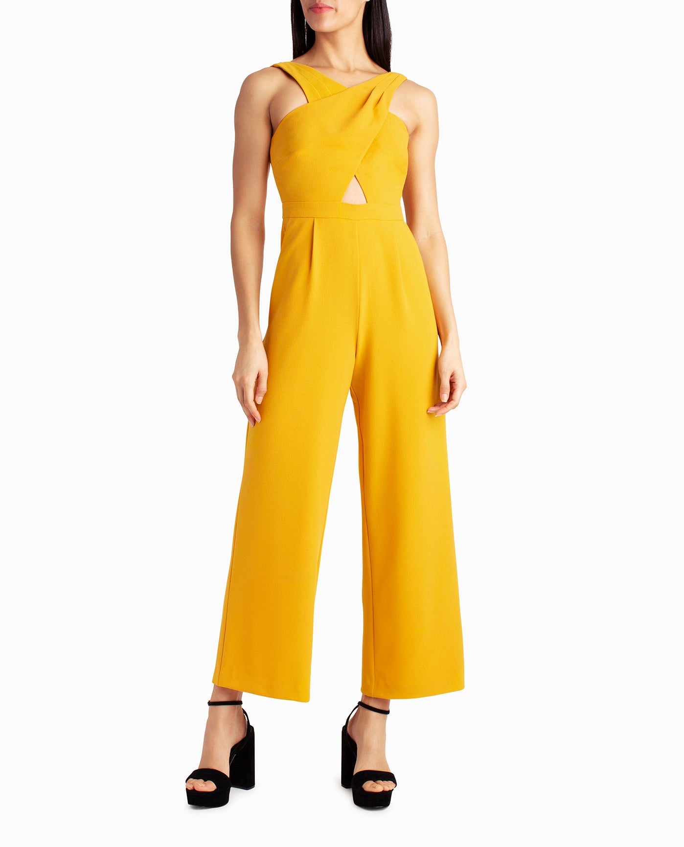 Front View Of Nicole Miller Charli Stretch Crepe Halter Neck Jumpsuit | NM GOLDEN ORANGE