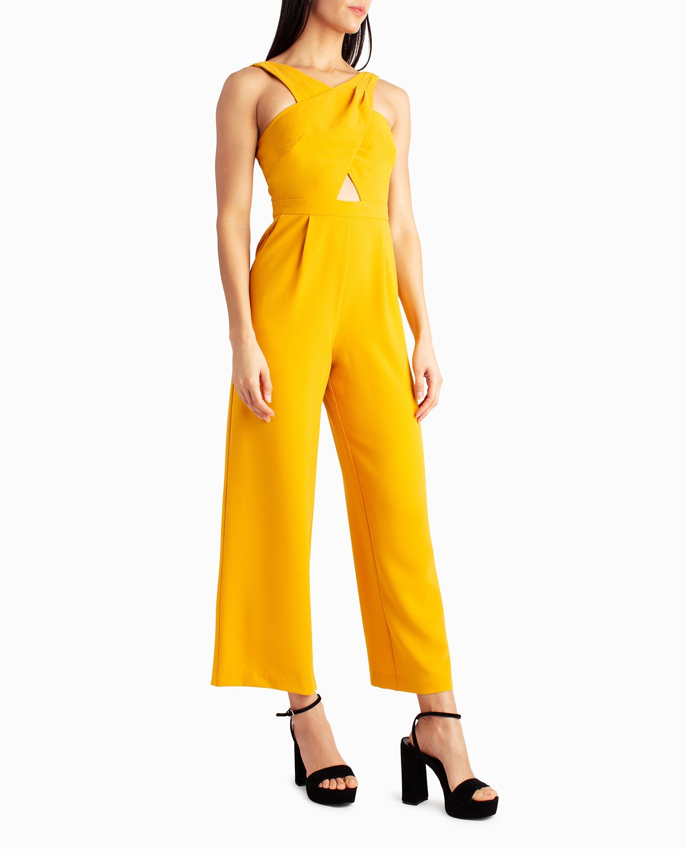 Side View View Of Nicole Miller Charli Stretch Crepe Halter Neck Jumpsuit | NM GOLDEN ORANGE