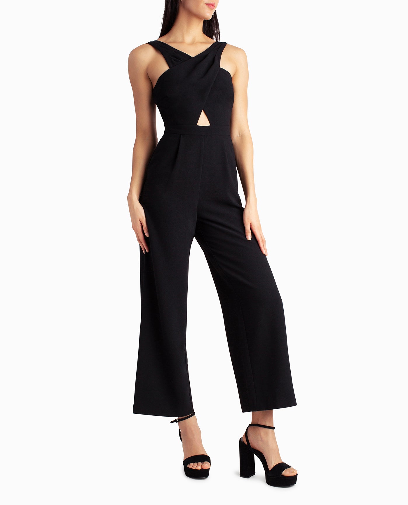 Front View Of Nicole Miller Charli Stretch Crepe Halter Neck Jumpsuit | NM VERY BLACK