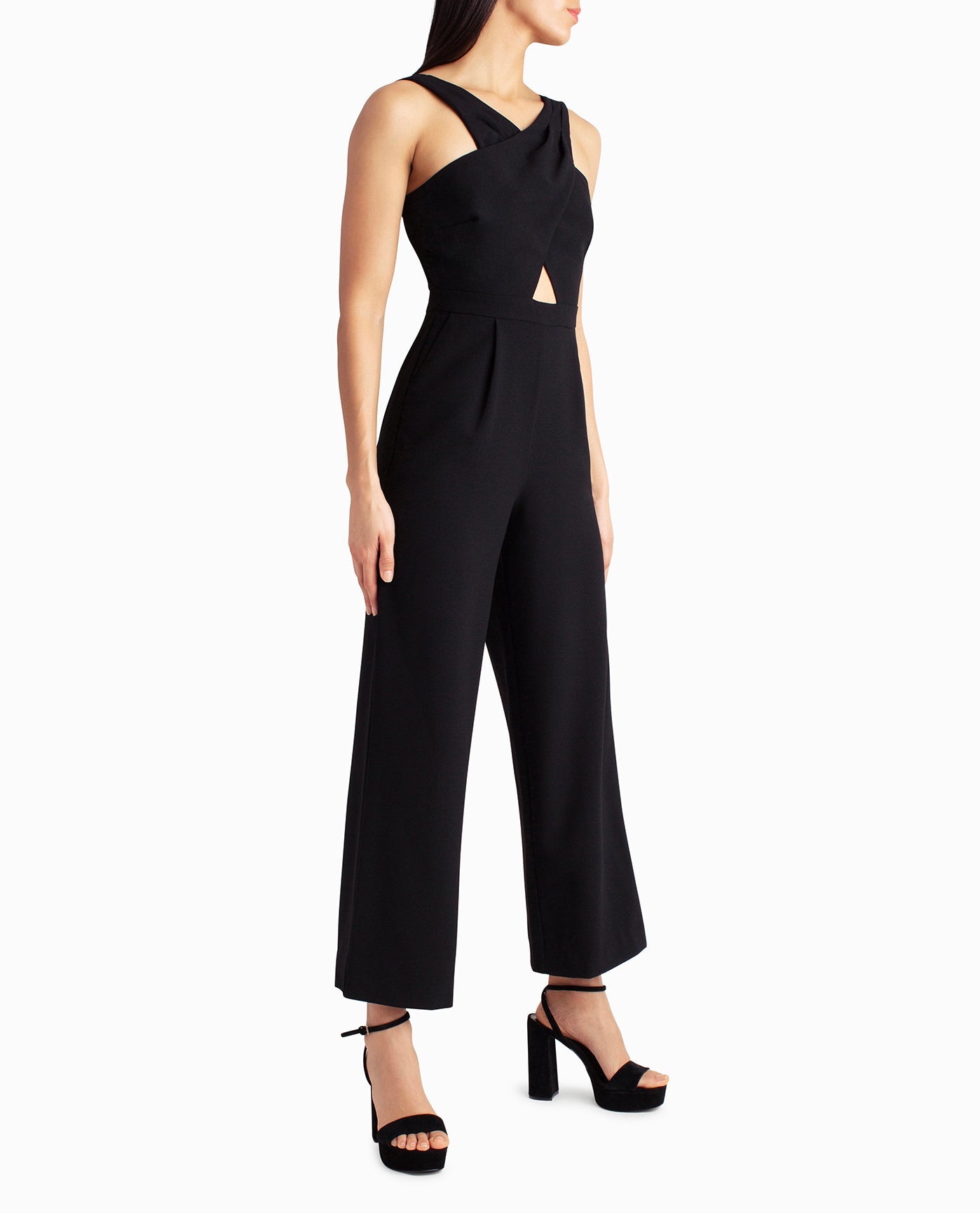 Side View View Of Nicole Miller Charli Stretch Crepe Halter Neck Jumpsuit | NM VERY BLACK