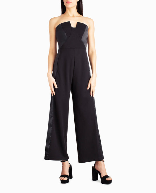 Front View Of Nicole Miller Jasmine Crepe Tuxedo Jumpsuit | NM VERY BLACK