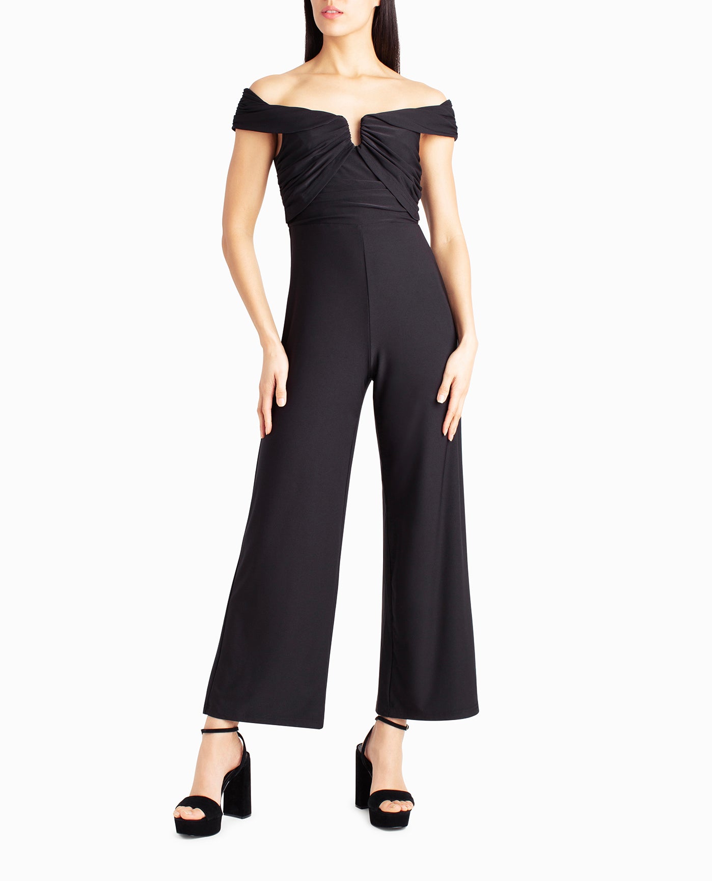 Front View Of Nicole Miller Whitney Off-The-Shoulder Jumpsuit | NM VERY BLACK