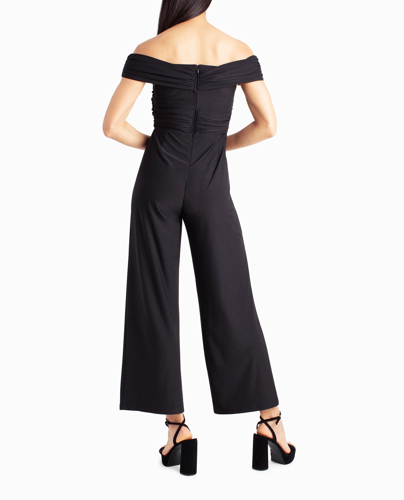 Back View Of Nicole Miller Whitney Off-The-Shoulder Jumpsuit | NM VERY BLACK