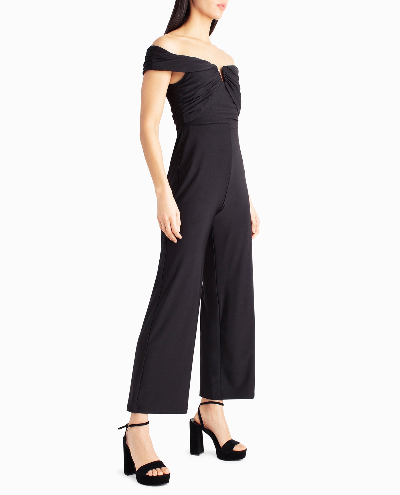 Side View View Of Nicole Miller Whitney Off-The-Shoulder Jumpsuit | NM VERY BLACK