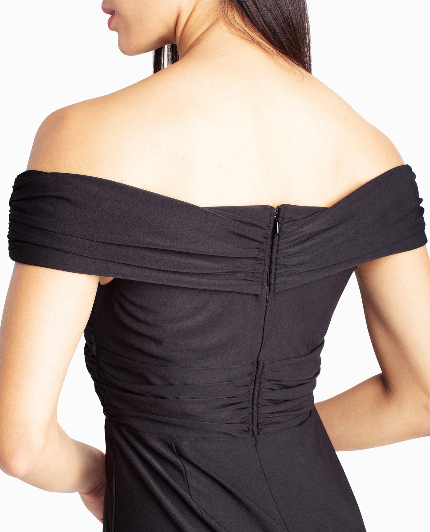 Front Detail View Of Nicole Miller Whitney Off-The-Shoulder Jumpsuit | NM VERY BLACK