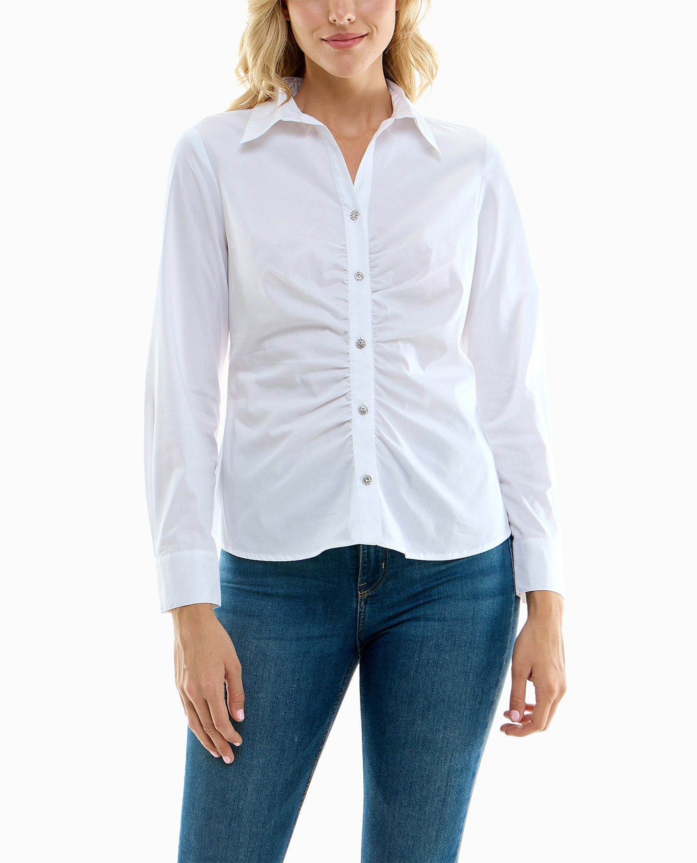 Front View Of Nicole Miller Amber Cotton Poplin Stretch Button Down Shirt | NM BRILLIANT WHITE