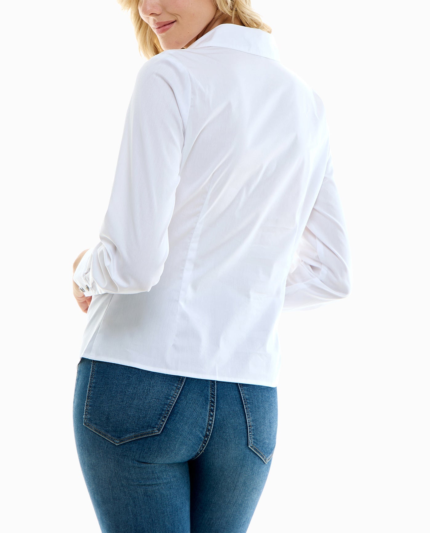 Back View Of Nicole Miller Amber Cotton Poplin Stretch Button Down Shirt | NM BRILLIANT WHITE