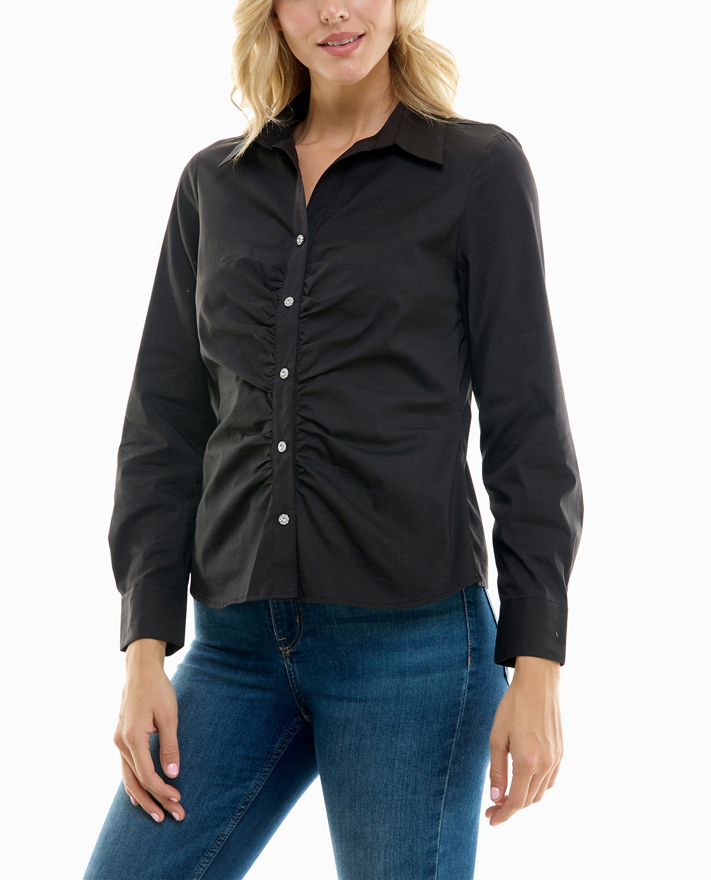 Front View Of Nicole Miller Amber Cotton Poplin Stretch Button Down Shirt | NM VERY BLACK