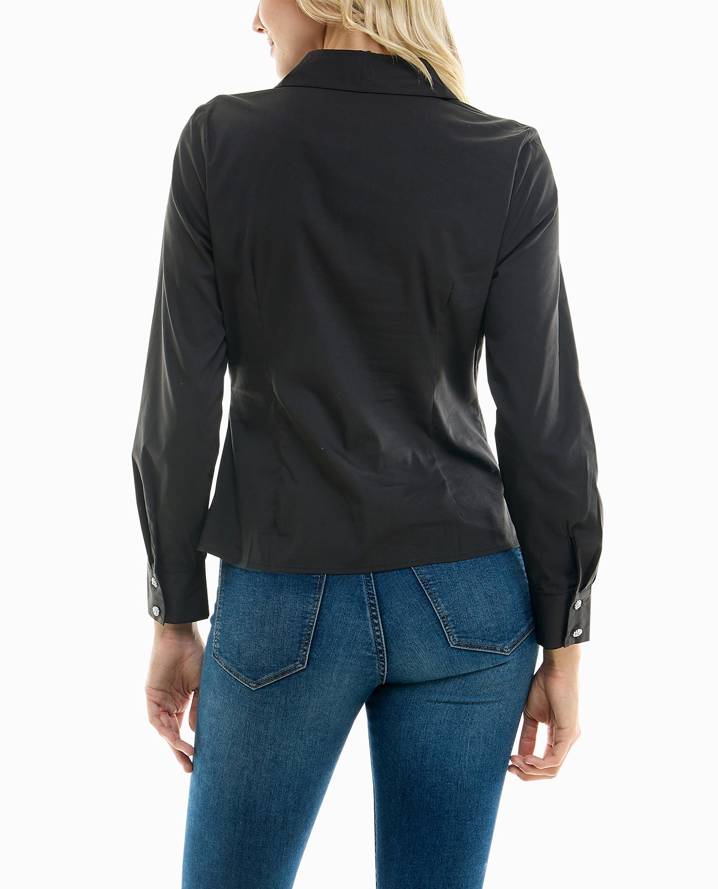 Back View Of Nicole Miller Amber Cotton Poplin Stretch Button Down Shirt | NM VERY BLACK