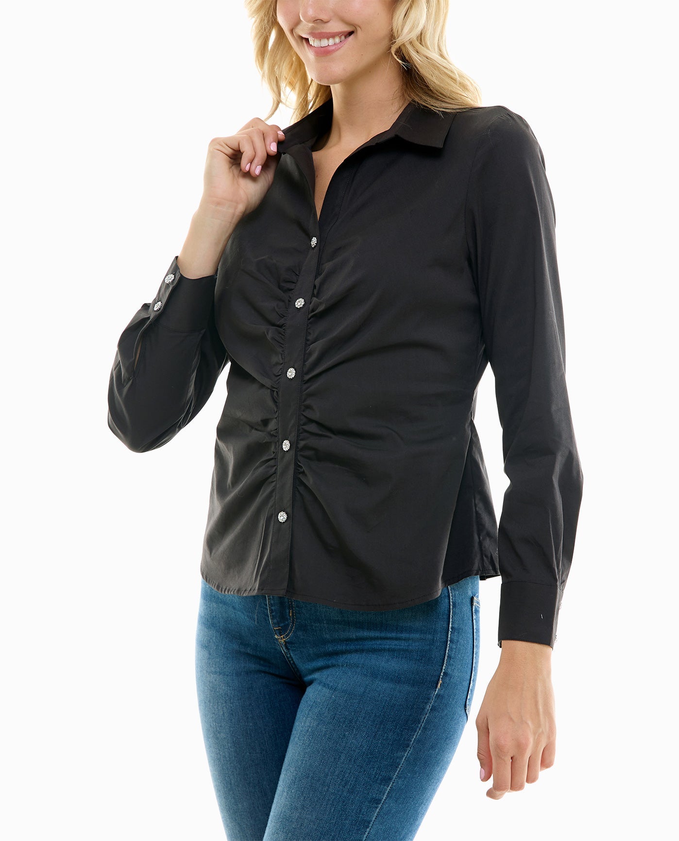 Side View View Of Nicole Miller Amber Cotton Poplin Stretch Button Down Shirt | NM VERY BLACK