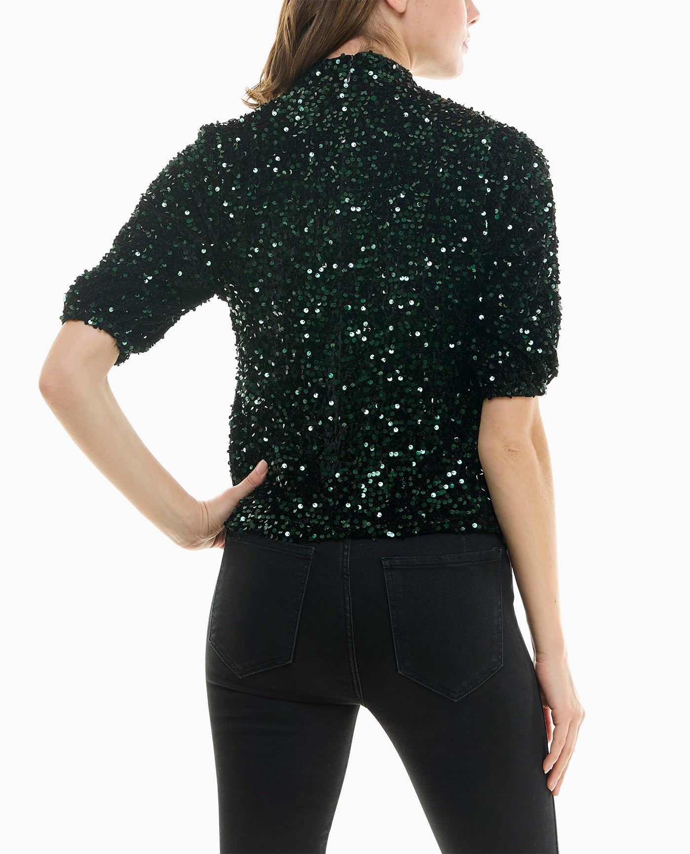 Back View Of Nicole Miller Ava Velvet Sequin Short Sleeve Top | NM EMERALD