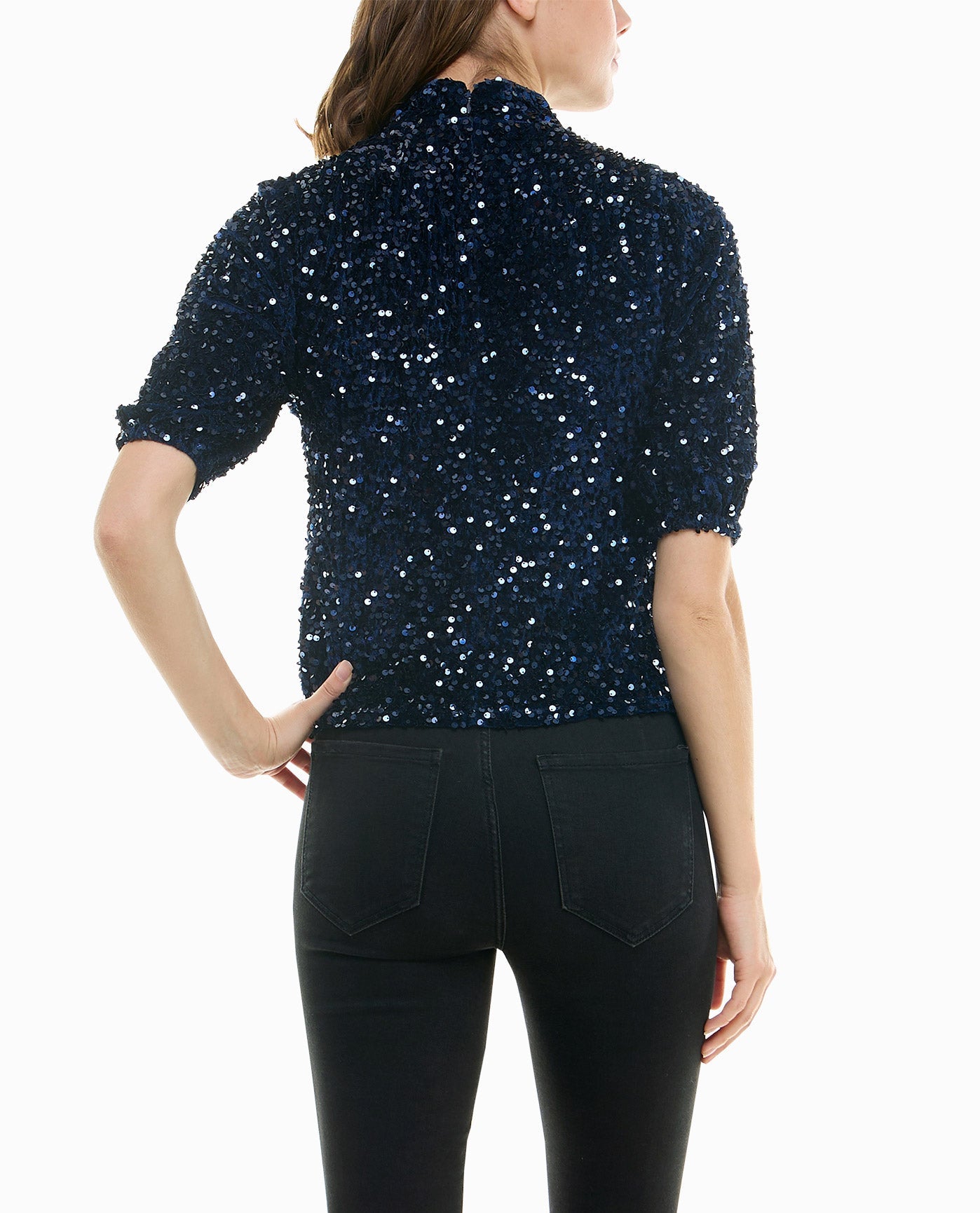 Back View Of Nicole Miller Ava Velvet Sequin Short Sleeve Top | NM NAVY