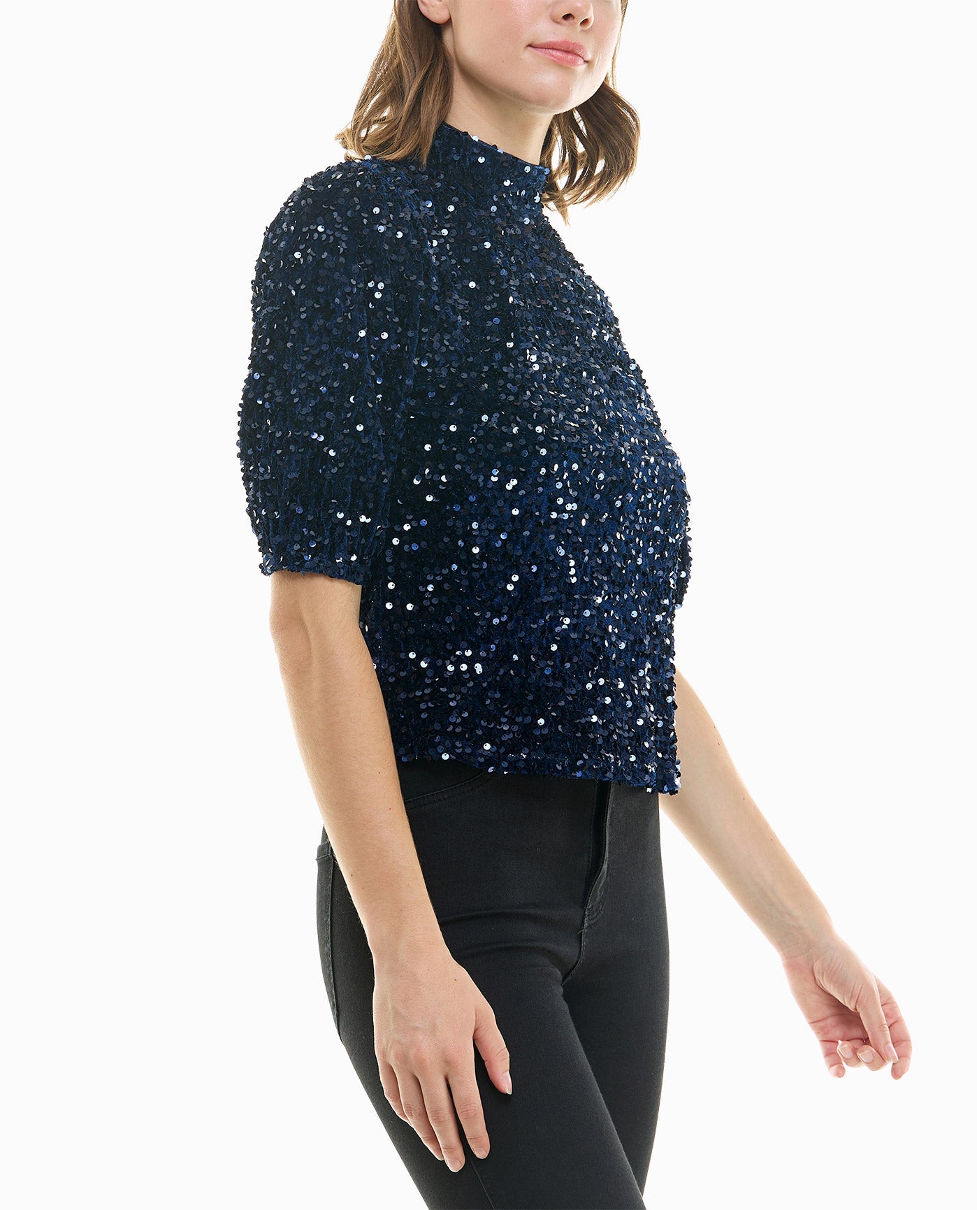 Side View View Of Nicole Miller Ava Velvet Sequin Short Sleeve Top | NM NAVY