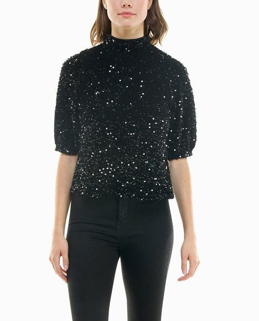 Front View Of Nicole Miller Ava Velvet Sequin Short Sleeve Top | NM VERY BLACK